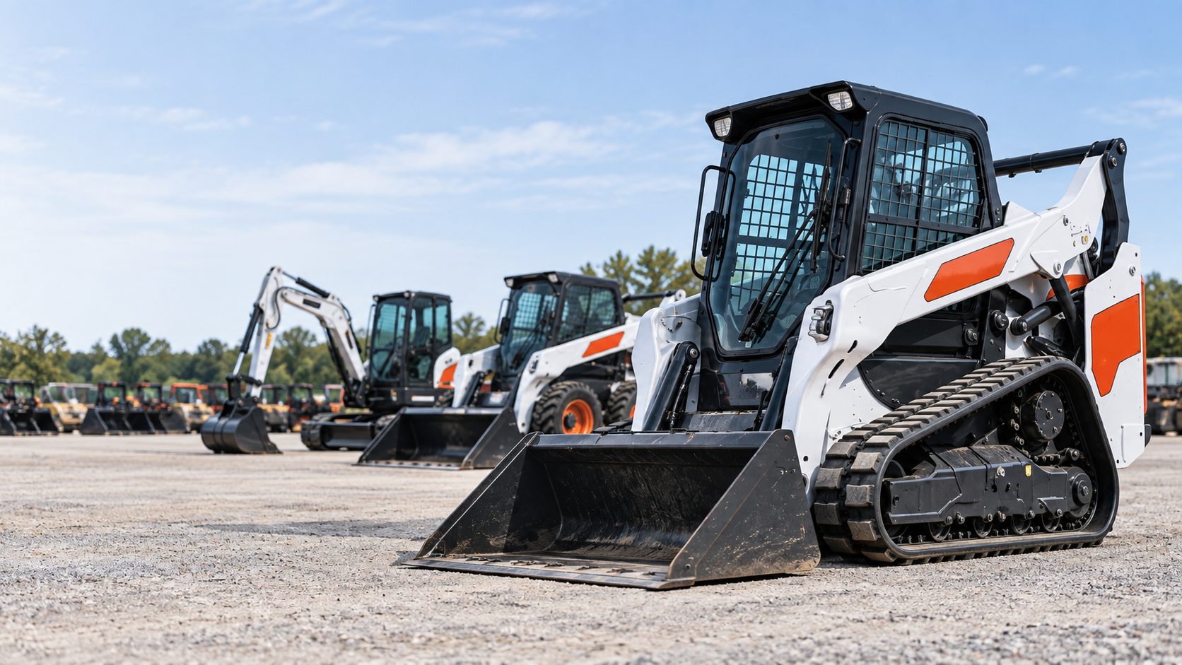 Compact track loader and construction equipment in an equipment yard